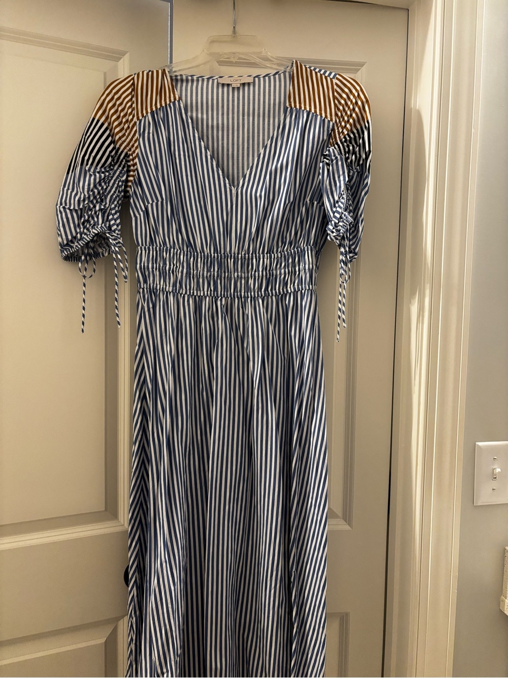 LOFT Blue and White Striped Maxi Dress with Tan Shoulder Panels